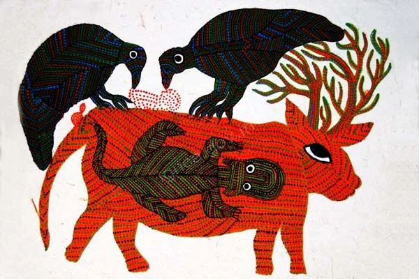 मोहन सिंह श्याम की गोंड कृति, इंदिरा गांधी राष्ट्रीय कला केंद्र का अभिलेख। जंगढ़ कलम की बात इसी शैली की है; यह वही दीवार नहीं।